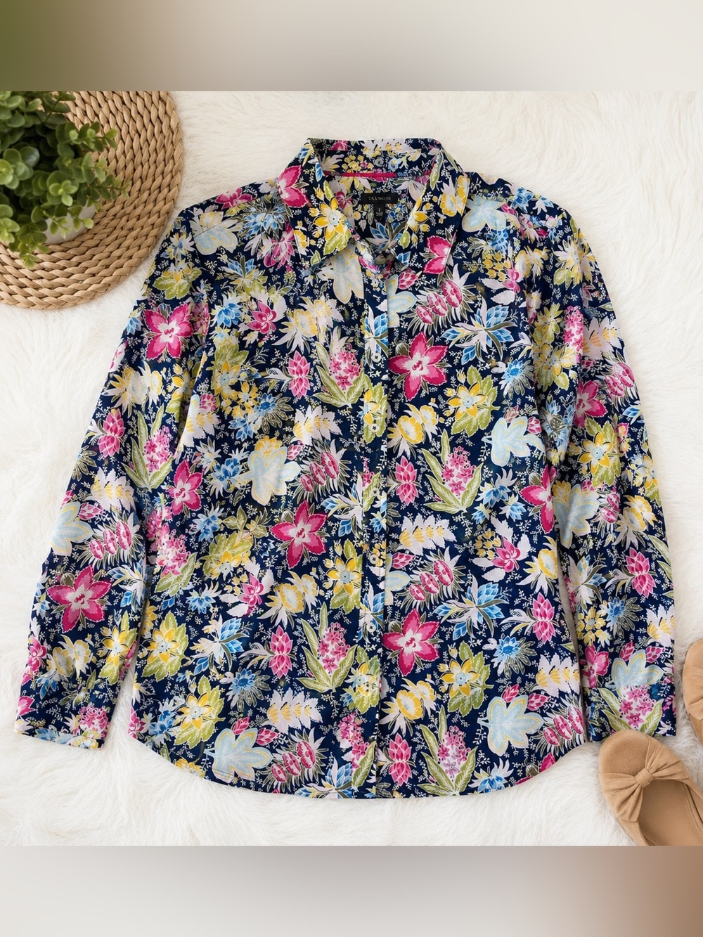 Talbots Floral Button Front Blouse Navy Pink Yellow Lightweight Cotton Size Smal